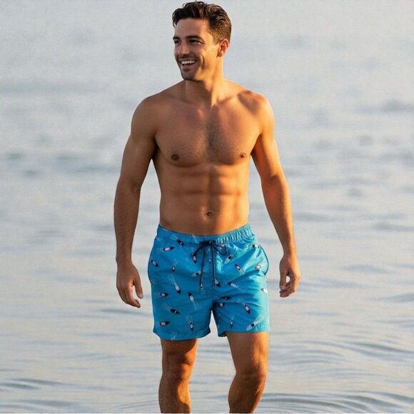 George Mens Swim Shorts Summer Speed Boat Print Blue Large (36-38) Elastic Waist - Picture 10 of 10